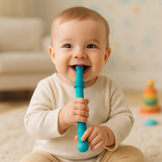 bébé assis met anneau dentition bébé dans bouche