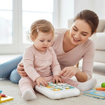 bebe assis moquette blanche avec maman joue busy board rose