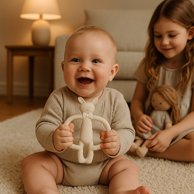 bebe assis moquette tient anneau de dentition bebe soeur derriere