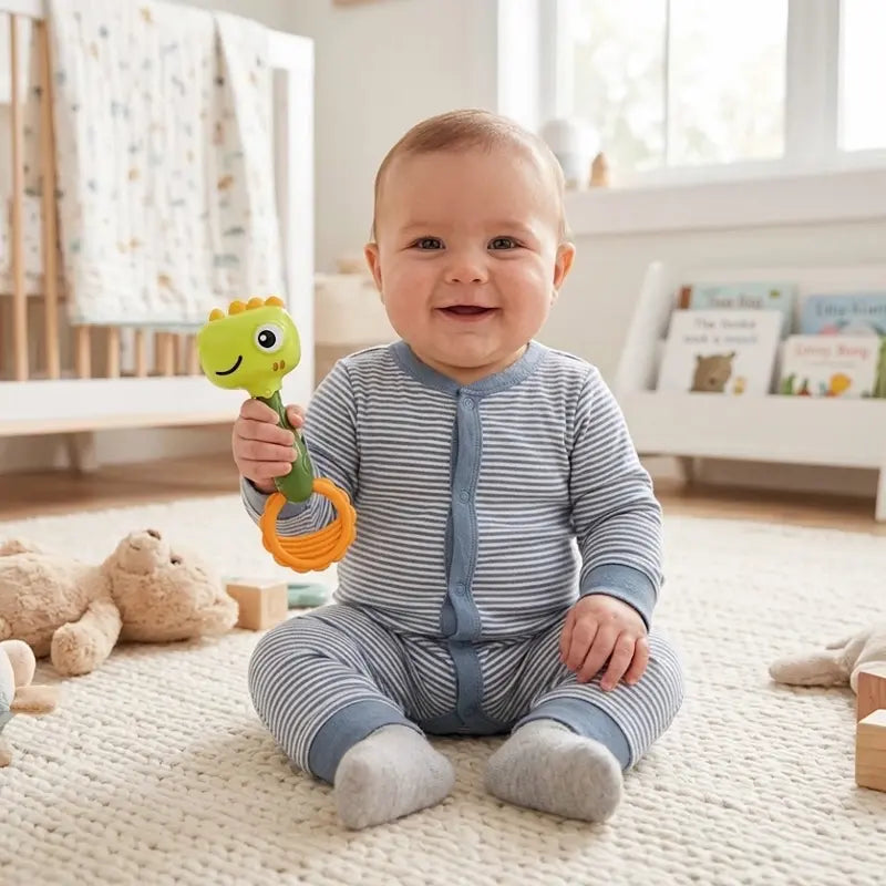 bébé assis moquette tient hochet bébé dinosaure main