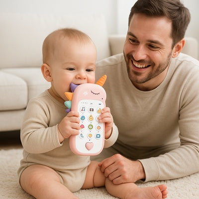 bebe assis mord jouet bebe 1 an telephone papa sourit