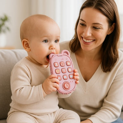 bebe assis mordille jouet bebe 1 an maman surveille sourit