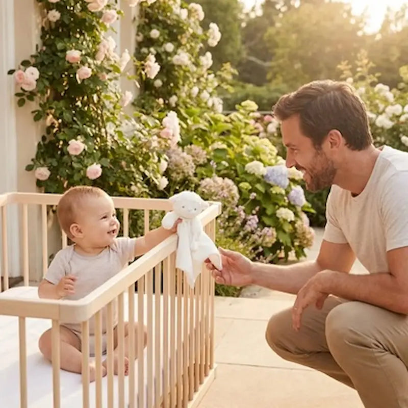 bébé assis parc donne doudou bebe a papa accroupi