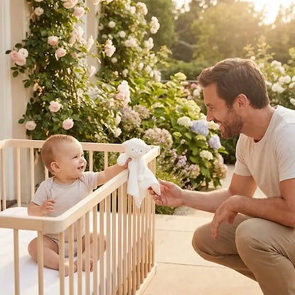 bébé assis parc donne doudou bebe a papa accroupi