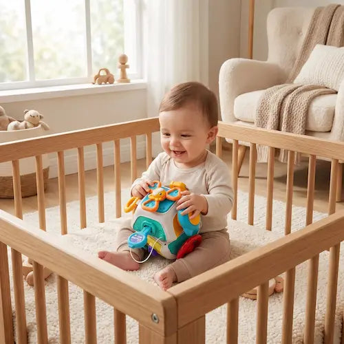 bébé assis parc jeu tient jouet bebe