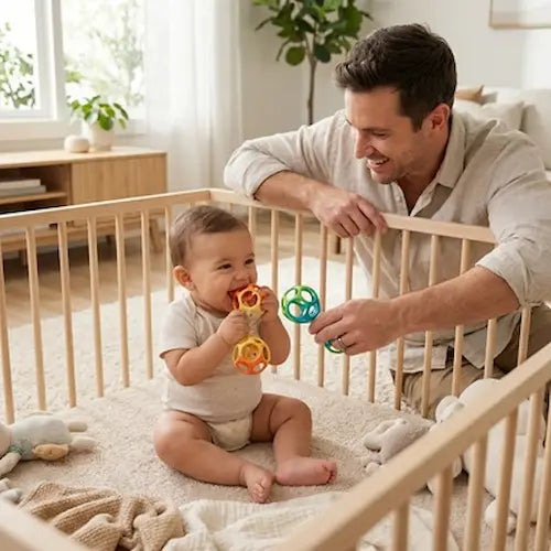 bébé assis parc mordille hochet orange papa tend hochet vert