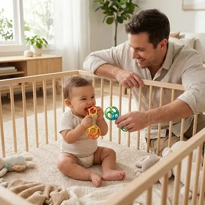 bébé assis parc mordille hochet orange papa tend hochet vert