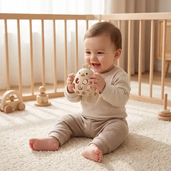 bébé assis parc tient anneau de dentition bébé poussin beige