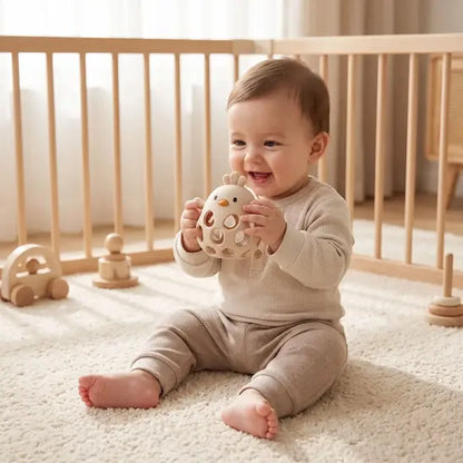 bébé assis parc tient anneau de dentition bébé poussin beige