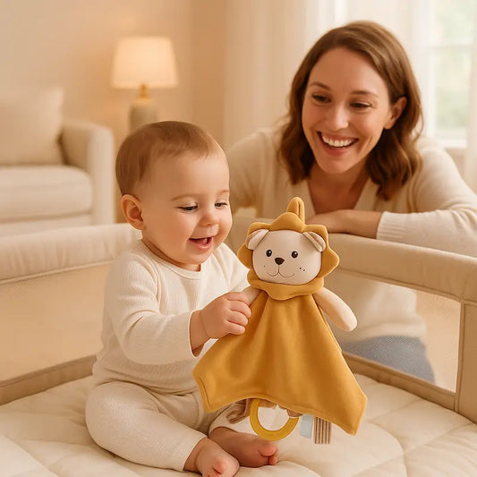bébé assis parc tient doudou bebe maman accroupie sourit