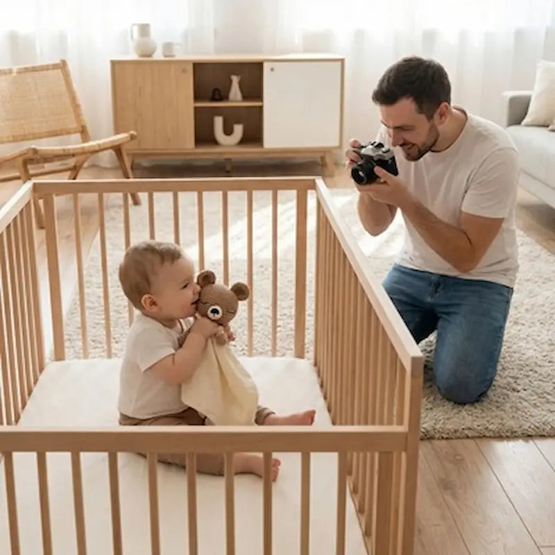 bébé assis parc tient doudou bébé tissu beige papa photographie