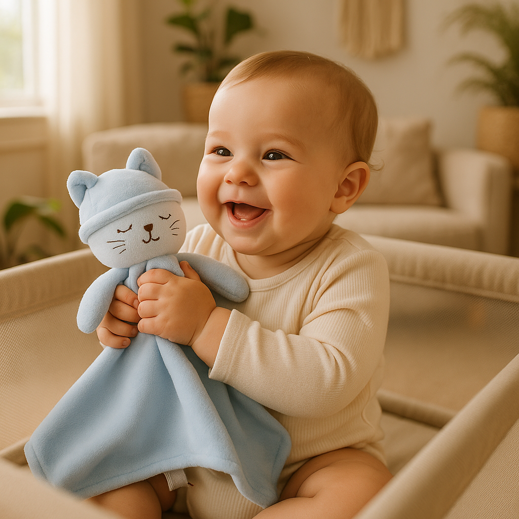 bebe assis parc tient doudou naissance chat mains