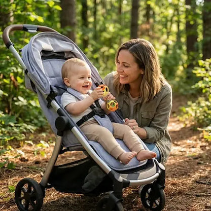 bébé assis poussette foret tient hochet vert mains maman regarde