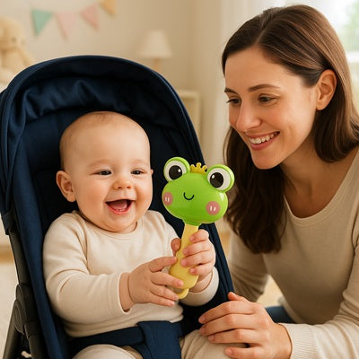 bebe assis poussette joue avec hochet pour bebe maman sourit