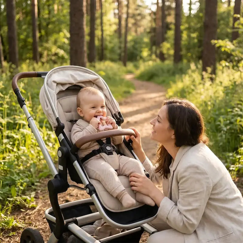 bébé assis poussette mord anneau dentition bébé maman accroupie regarde