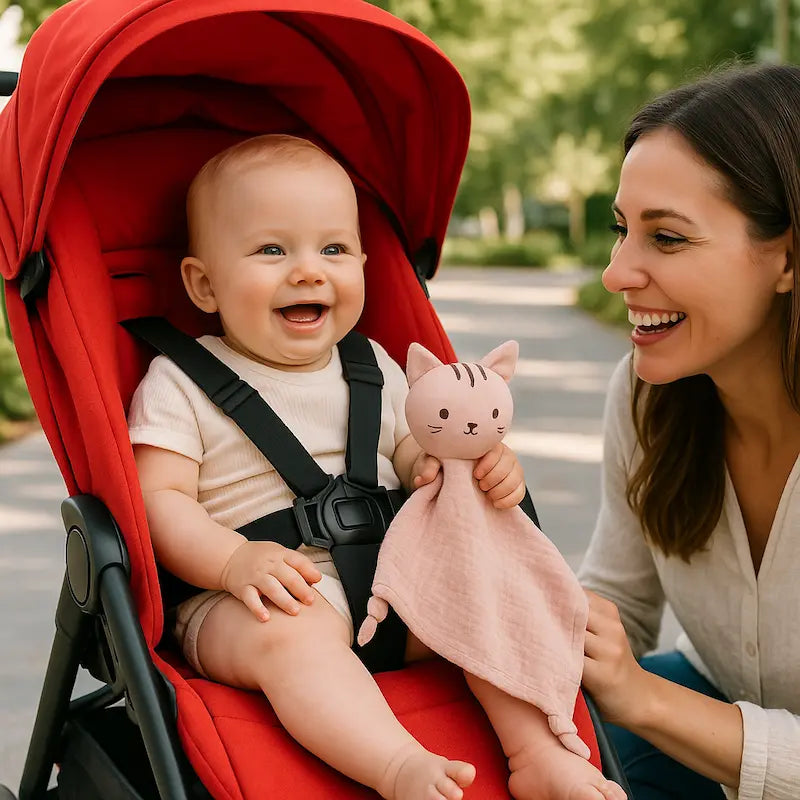 bébé assis poussette rouge tient doudou bebe maman sourit