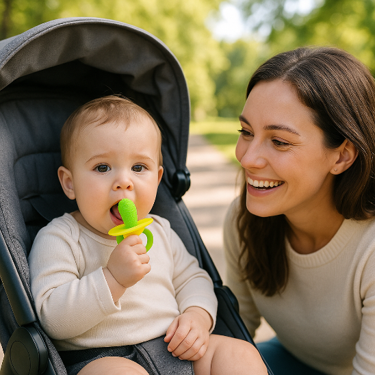bebe assis poussette suce anneau de dentition maman accroupie sourit