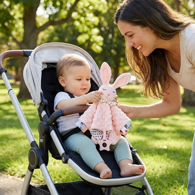bebe assis poussette tient doudou bebe lapin maman sourit