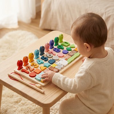 bebe assis regarde puzzle bebe pose petite table pres lit