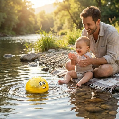 bebe assis riviere regarde avec papa jouet de bain bebe