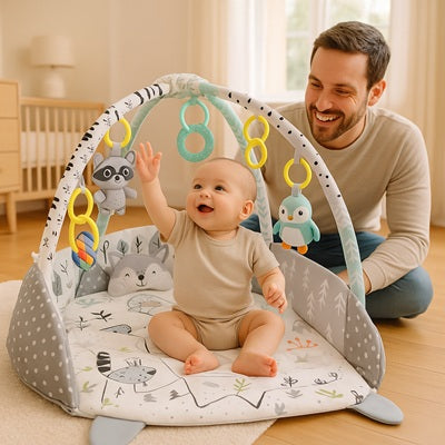 bebe assis saisit hochets suspendus tapis d eveil bebe