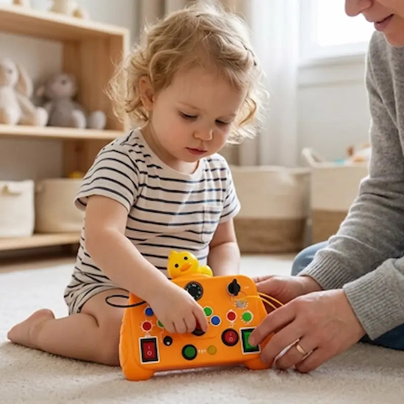 bebe assis sol joue busy board bebe main maman tient