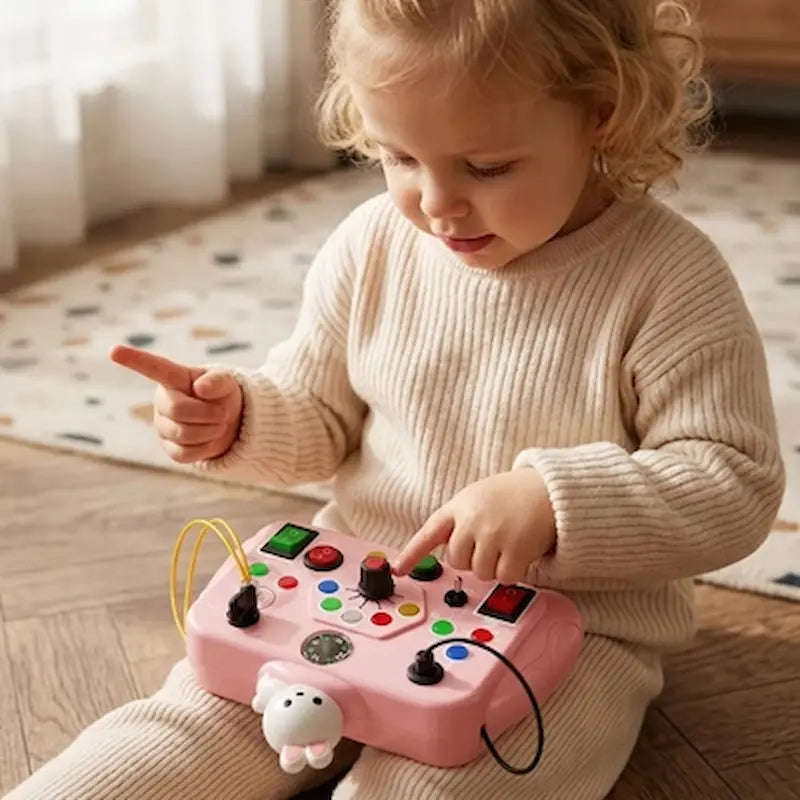bebe assis sol joue busy board bebe rose posé jambes