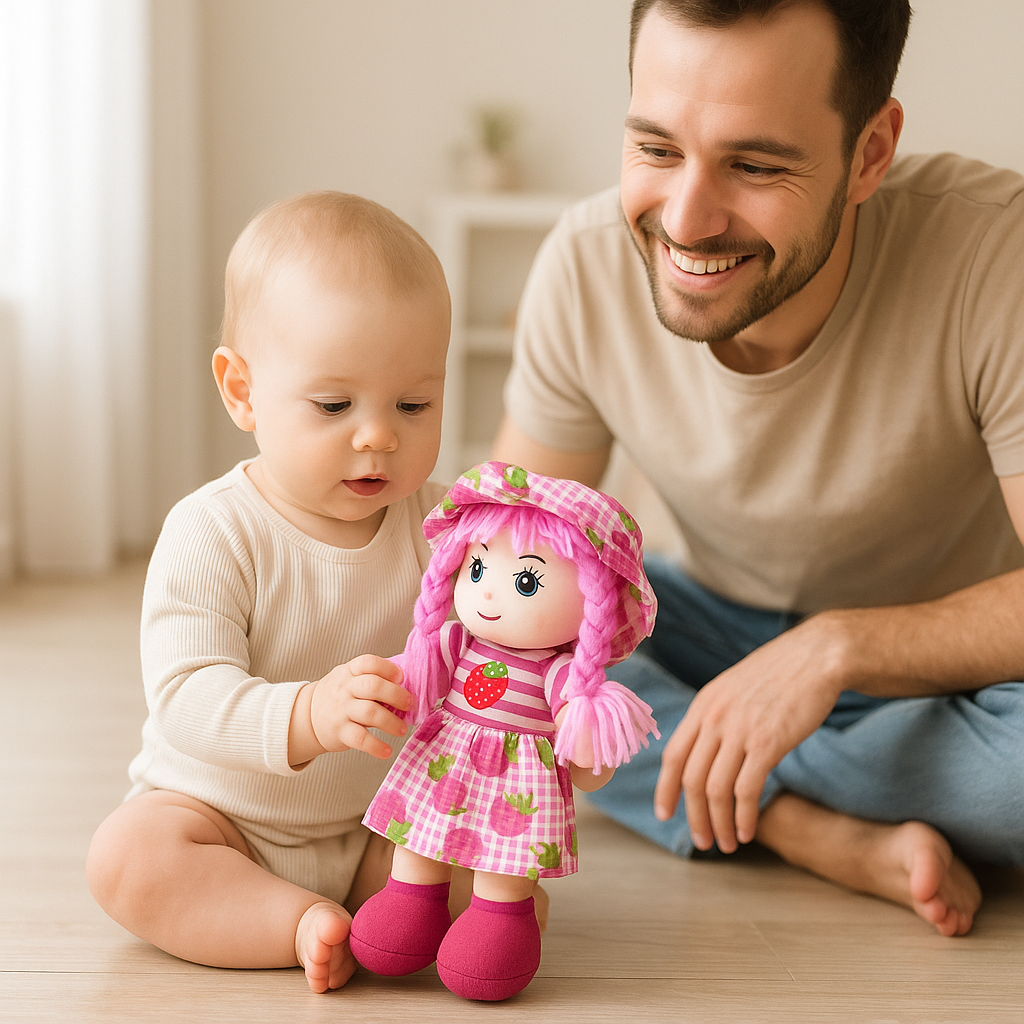 bebe assis sol joue poupee de chiffon papa sourit