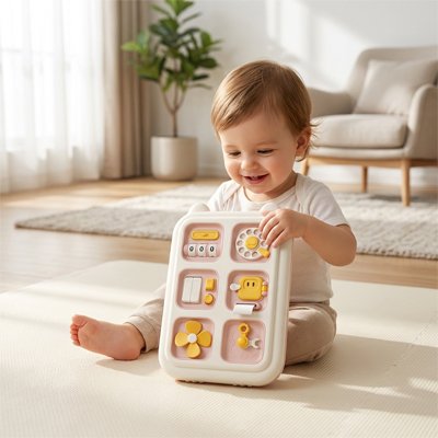 bebe assis sol tient busy board rose avec main