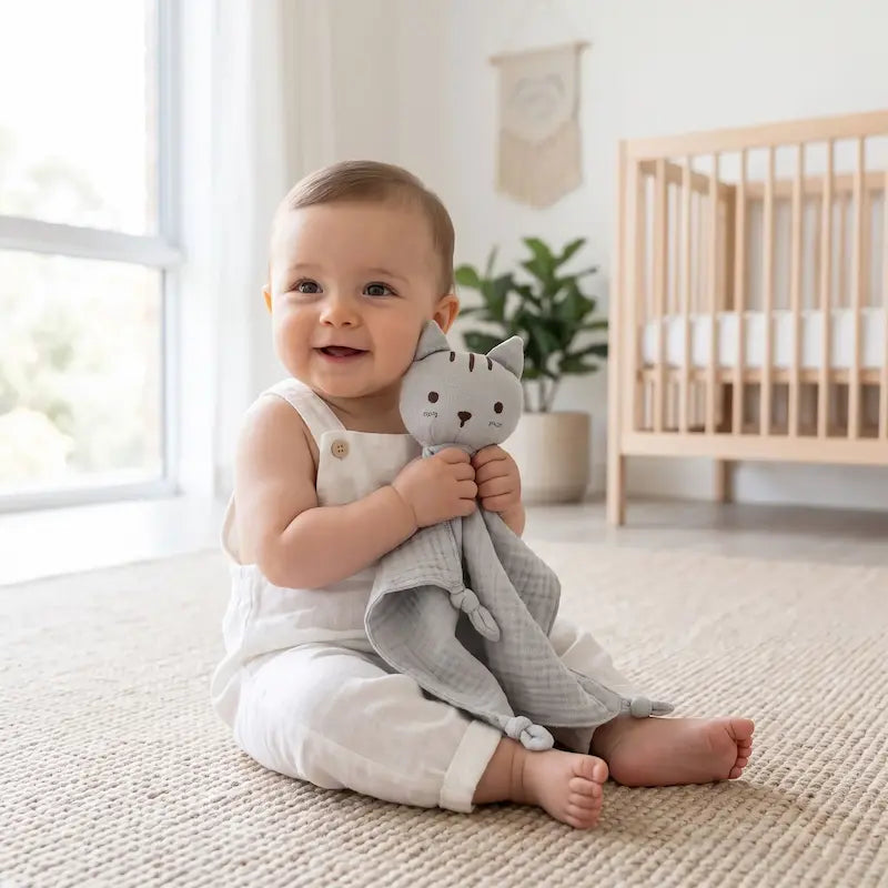 bébé assis sol tient mains doudou bebe chat gris