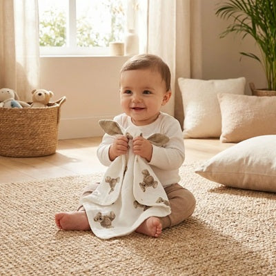 bebe assis souriant tient avec mains doudou bebe
