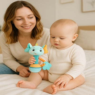 bebe assis sur lit tient hochet bebe maman sourit