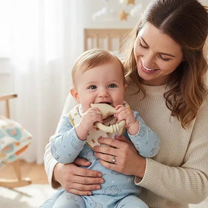 bébé assis sur maman mord anneau dentition bebe perroquet blanc