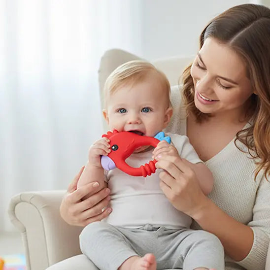 bébé assis sur maman mord anneau dentition perroquet rouge