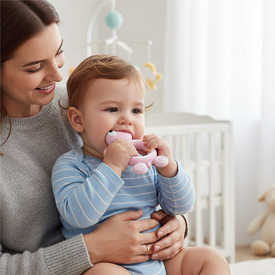 bebe assis sur maman tient deux mains anneau dentition bebe