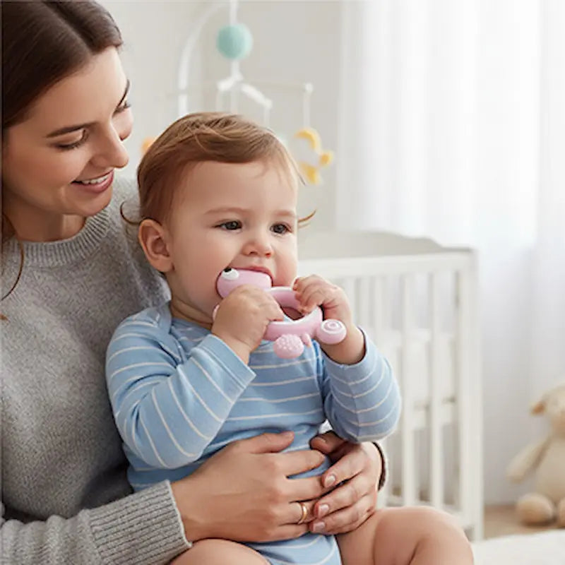 bébé assis sur maman tient deux mains anneau dentition bebe
