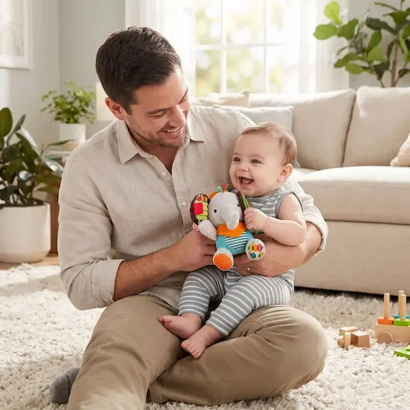 bébé assis sur papa tient peluche bebe hochet élephant
