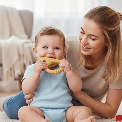bebe assis sur tapis avec maman mord anneau dentition bebe