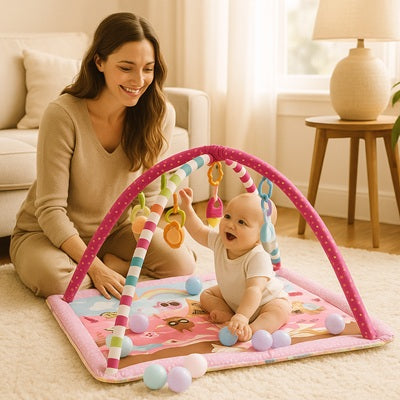 bebe assis sur tapis d eveil bebe maman sourit