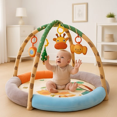 bebe assis sur tapis d eveil bebe touche hochets suspendus