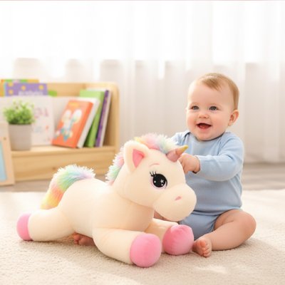 bebe assis tapis avec licorne peluche