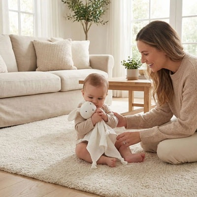 bebe assis tapis avec maman caline son doudou lapin blanc