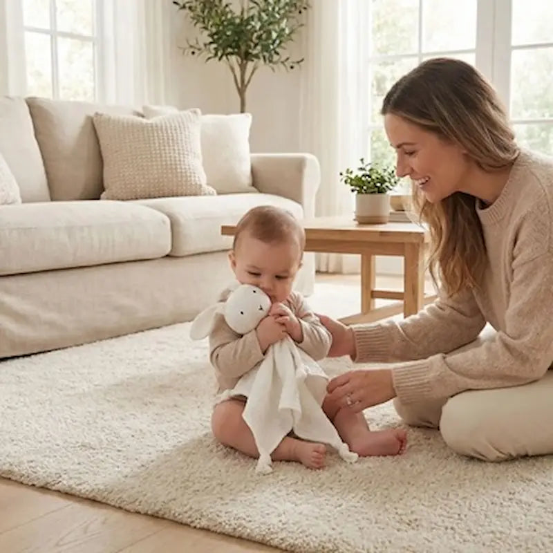 bébé assis tapis avec maman câline son doudou lapin blanc