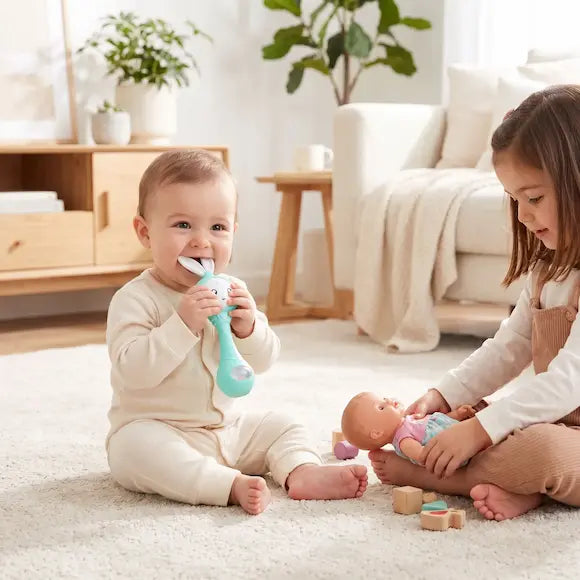 bébé assis tapis avec sœur mord oreilles hochet bébé lapin