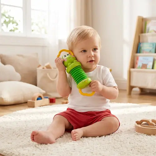 bébé assis tapis blanc écoute jouet éveil bebe