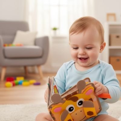 bebe assis tapis blanc regarde livre pour bebe girafe 