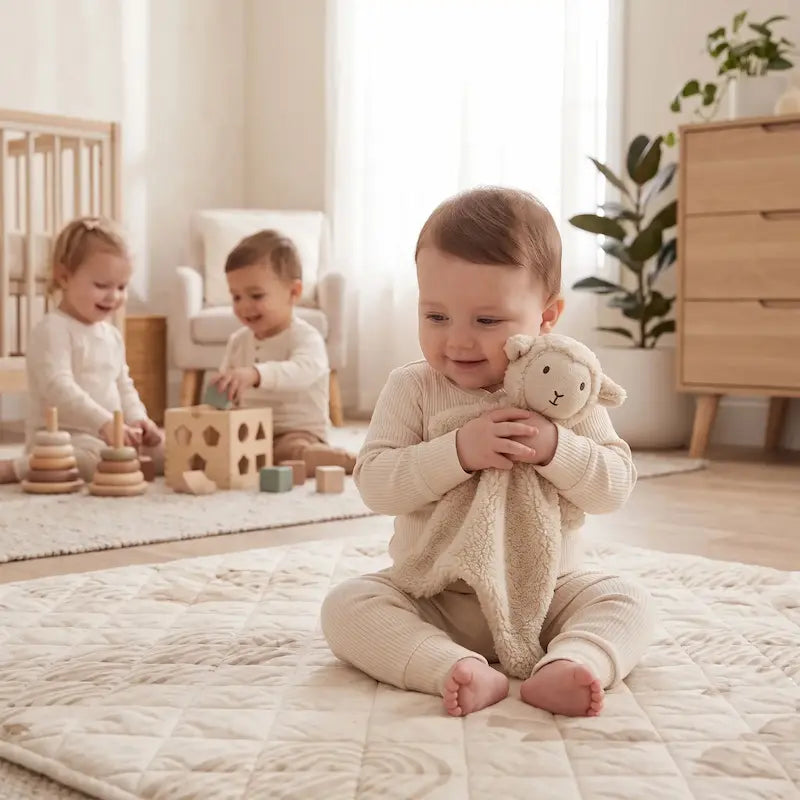 bébé assis tapis câline doudou bebe agneau
