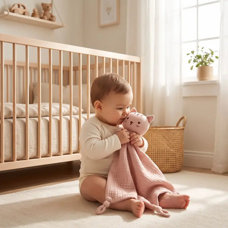 bébé assis tapis câline doudou bebe chat rose