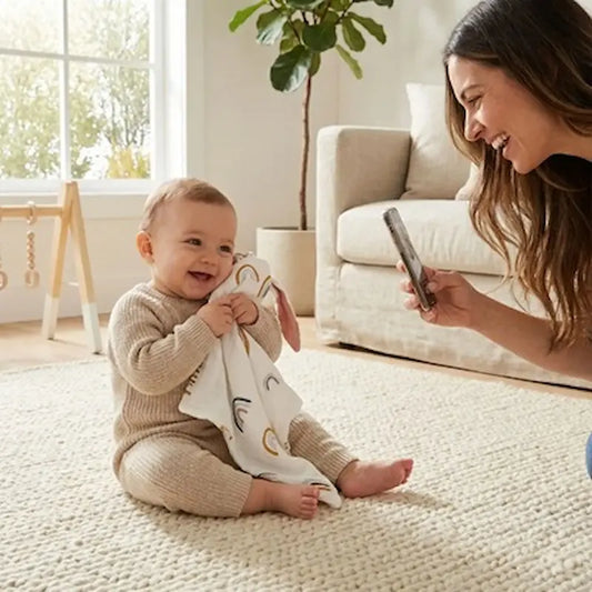 bébé assis tapis câline doudou bebe maman photographie