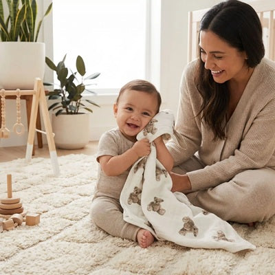 bebe assis tapis caline doudou bebe maman sourit